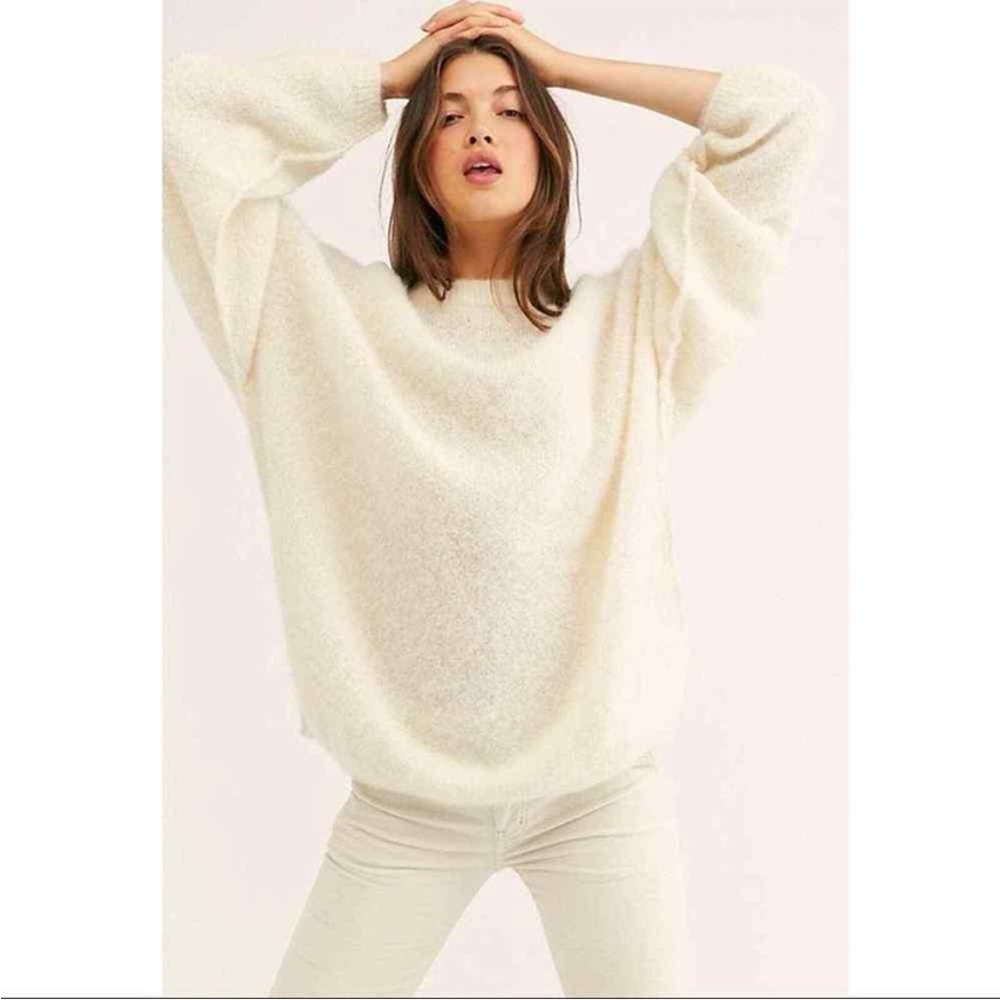free people ivory white thin knit oversized angelic pullover sweater S